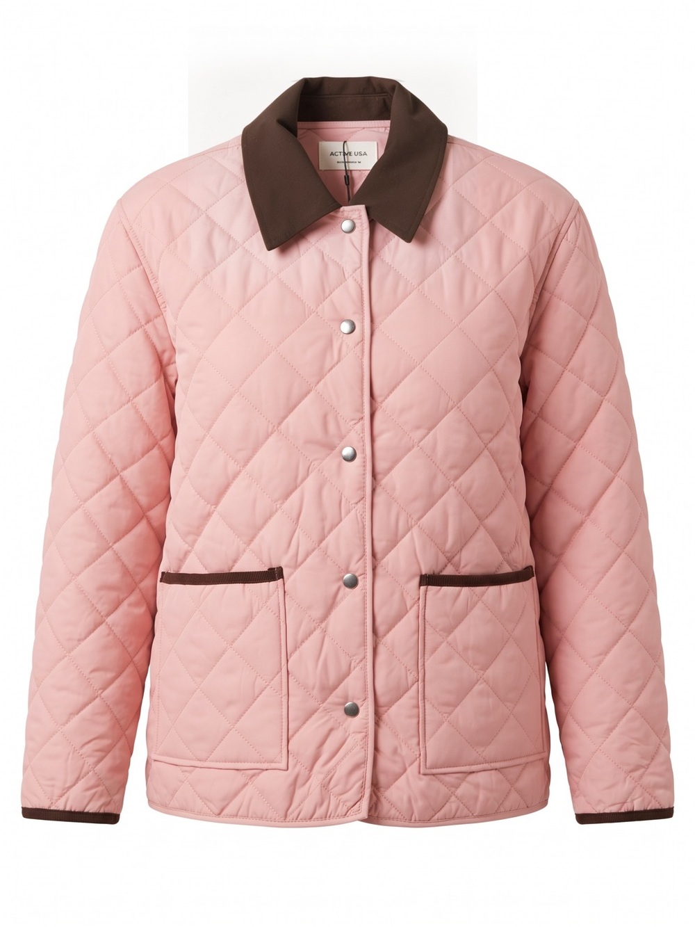 Active USA Women’s Quilted Light Pink Puffer Jacket with Brown Collar